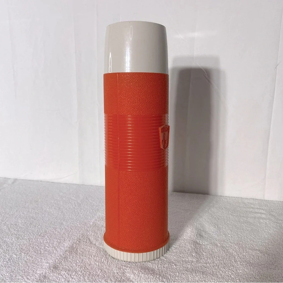 Vintage 1970s  MCM Thermos Brand Orange Plastic Glass Vacuum Insulated Bottle - Picture 3 of 13